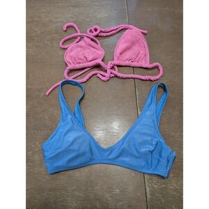 Aerie Bikini Top Lot 2 Medium Blue Ribbed Scoop Pink Lace Triangle Real Good